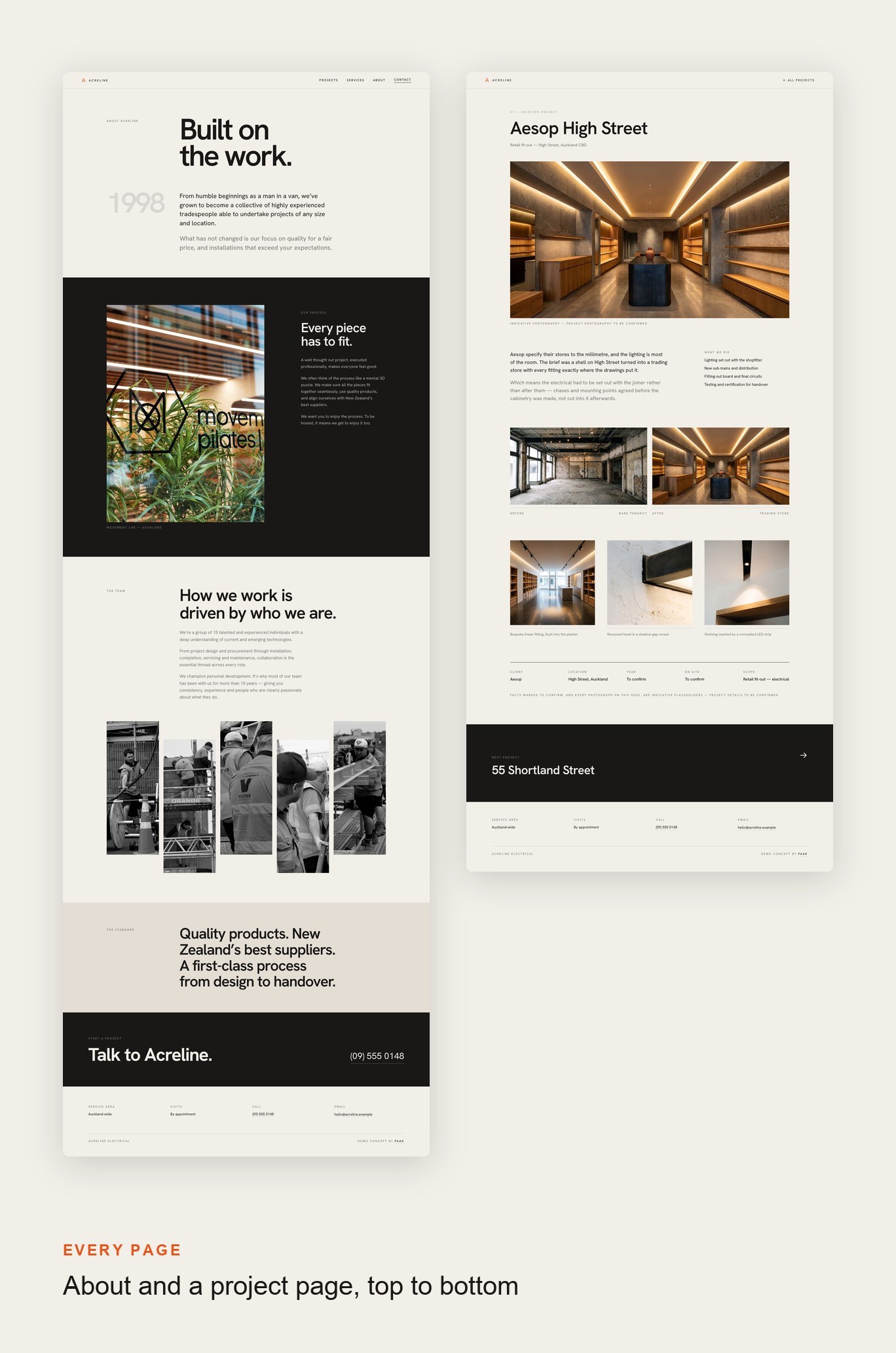 Acreline About and a project page, top to bottom