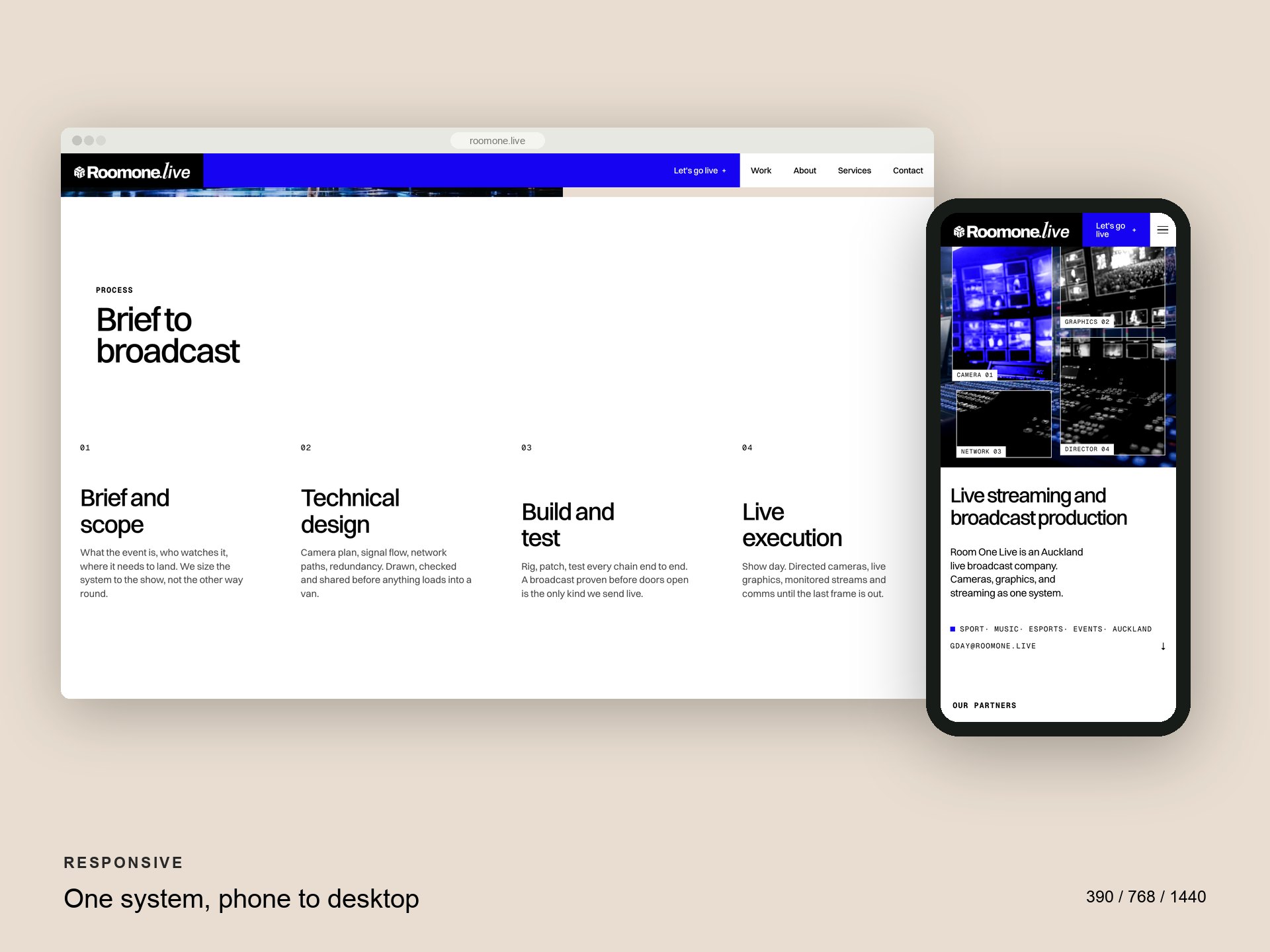 Room One Live homepage on desktop and on a phone