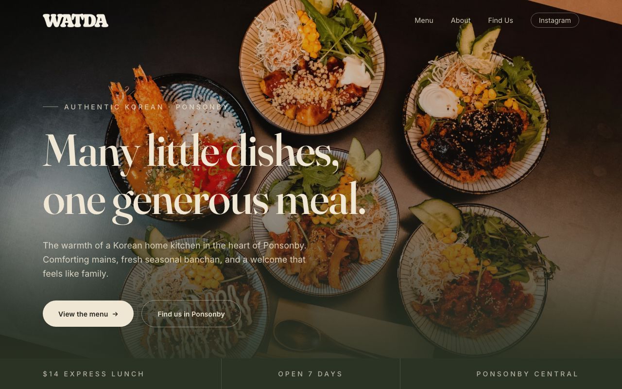The rebuilt WATDA website — hero section with the restaurant's own photography